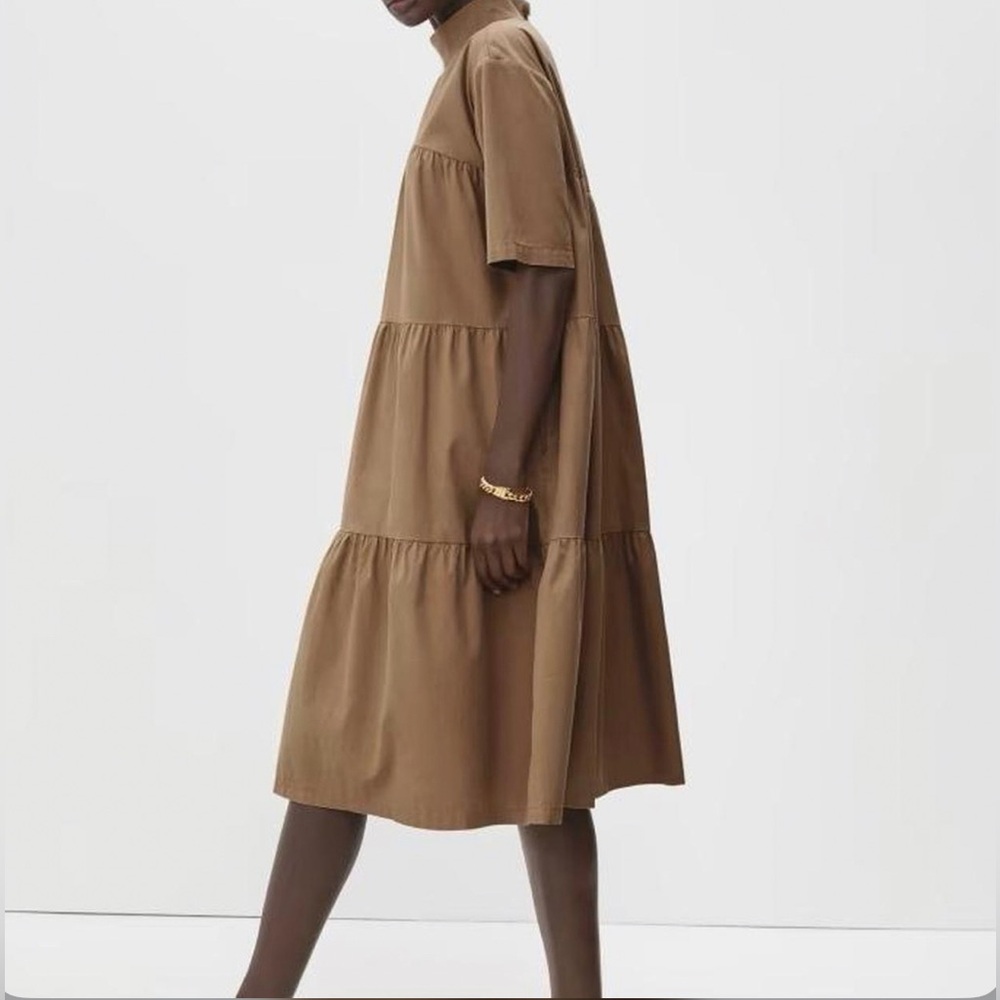 NWT Everlane The Poplin Cotton Tiered Mock-neck Dress in Caramel Brown